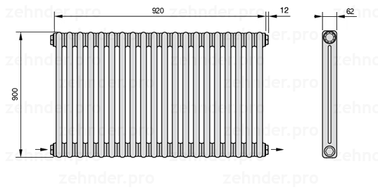 Схема (чертеж) Радиатор Zehnder Charleston 2090/20 №2670 Белый глянцевый RAL 9016
